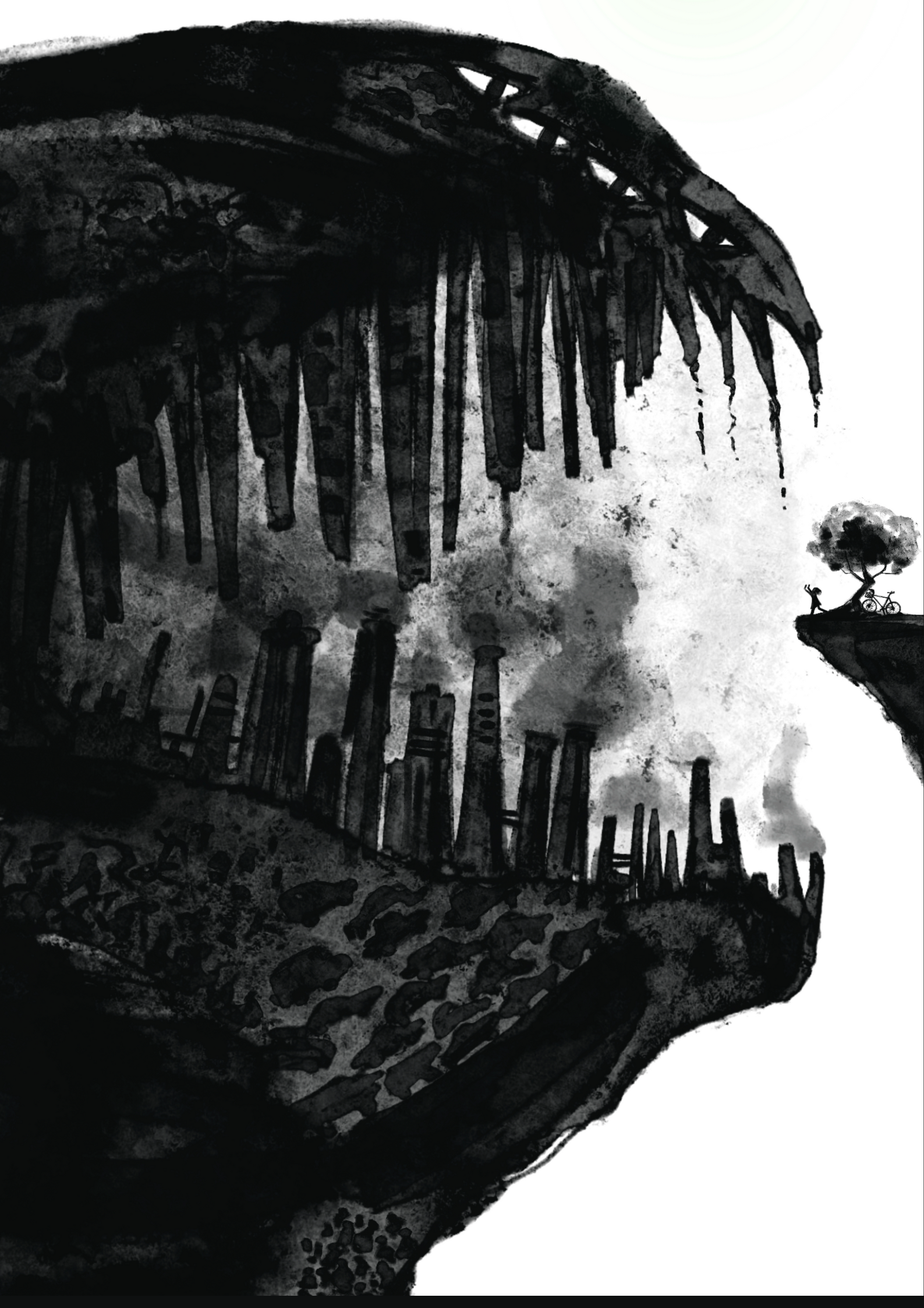 Illustration from Edgar Ludert for ArtistsForClimate.org of a monster depicting pollution about to swallow a person by a cliffside